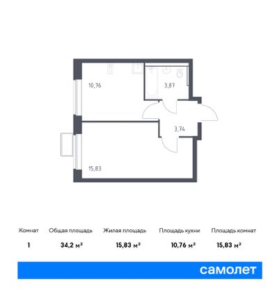 34,2 м², 1-комн. квартира, 4/12 этаж