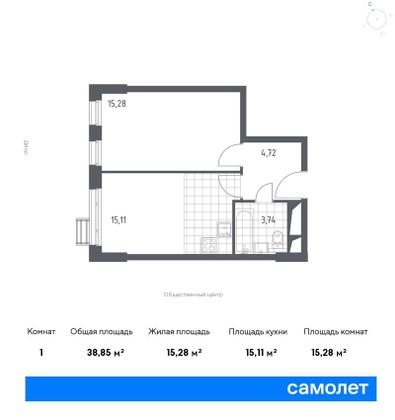 38,8 м², 1-комн. квартира, 24/31 этаж