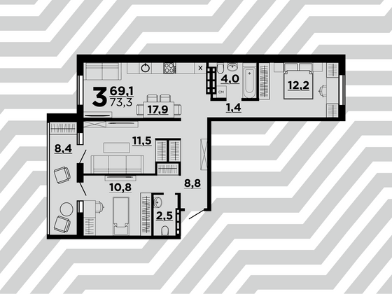 Продажа 3-комнатной квартиры 73,3 м², 1/9 этаж