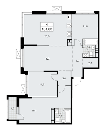 101,8 м², 4-комн. квартира, 17/17 этаж