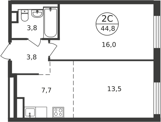 44,8 м², 2-комн. квартира, 4/9 этаж