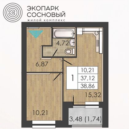 38,9 м², 1-комн. квартира, 1/4 этаж