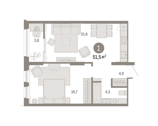 51,5 м², 1-комн. квартира, 13/15 этаж