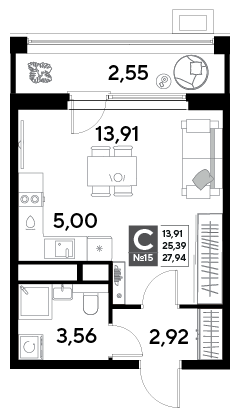 Продажа квартиры-студии 27,9 м², 3/25 этаж