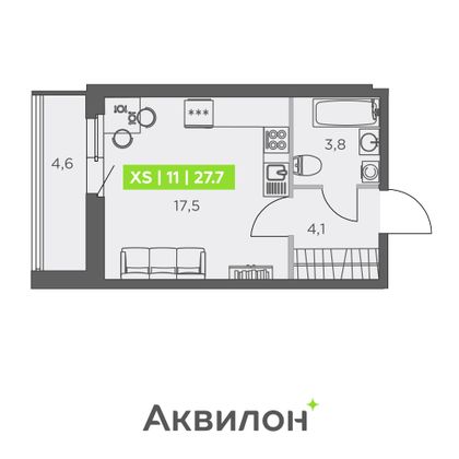 27,7 м², студия, 3/13 этаж