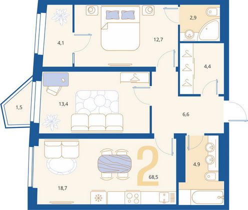 Продажа 2-комнатной квартиры 68,8 м², 5/18 этаж