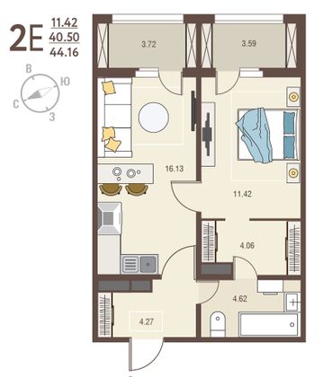 44,2 м², 1-комн. квартира, 14/17 этаж