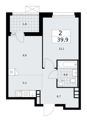 39,9 м², 2-комн. квартира, 6/17 этаж