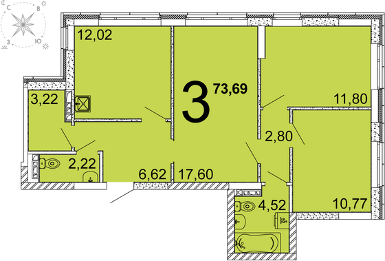 72,8 м², 3-комн. квартира, 2 этаж