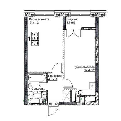 Продажа 1-комнатной квартиры 46,1 м², 24/24 этаж