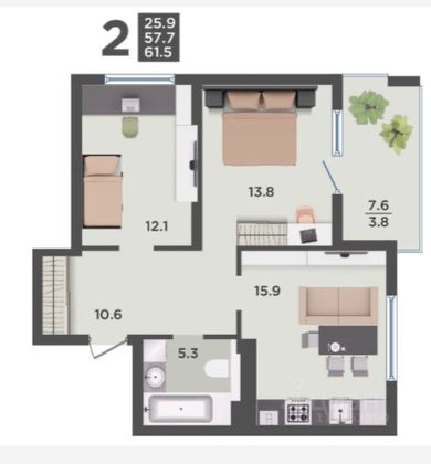Продажа 2-комнатной квартиры 61,5 м², 2/9 этаж