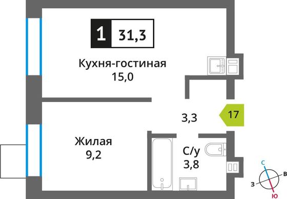 Продажа 1-комнатной квартиры 31,3 м², 3/6 этаж