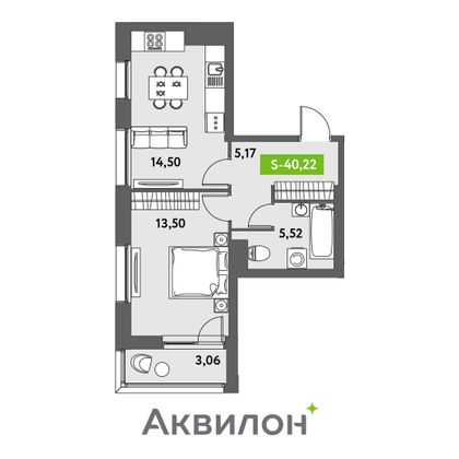 40,2 м², 1-комн. квартира, 9/12 этаж