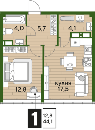 Продажа 1-комнатной квартиры 44,1 м², 15/16 этаж