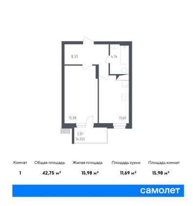 42,8 м², 1-комн. квартира, 5/12 этаж