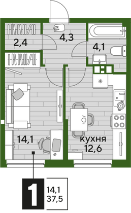 Продажа 1-комнатной квартиры 37,5 м², 5/16 этаж
