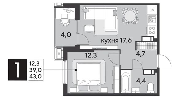 Продажа 1-комнатной квартиры 43 м², 12/18 этаж