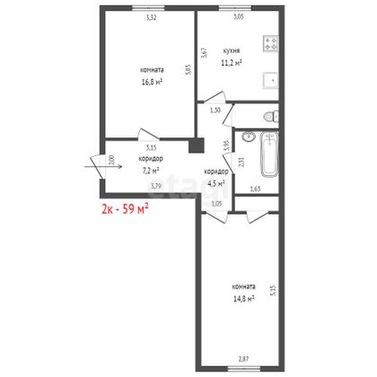 Продажа 2-комнатной квартиры 59 м², 1/4 этаж