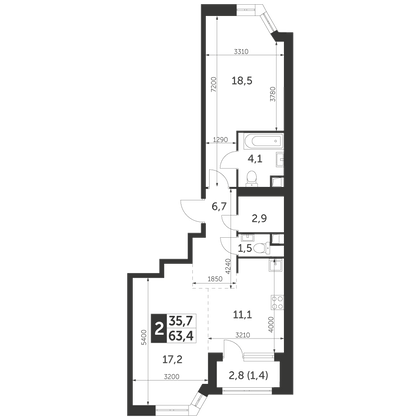 63,4 м², 2-комн. квартира, 33/47 этаж