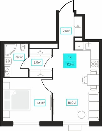 37,6 м², 1-комн. квартира, 20/23 этаж