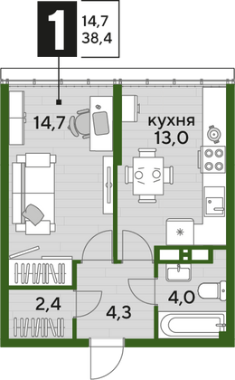 Продажа 1-комнатной квартиры 38,4 м², 19/19 этаж