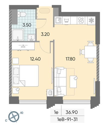 Продажа 1-комнатной квартиры 36,9 м², 31/58 этаж