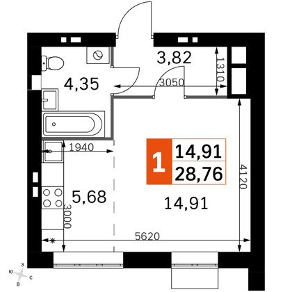 28,8 м², 1-комн. квартира, 4/4 этаж