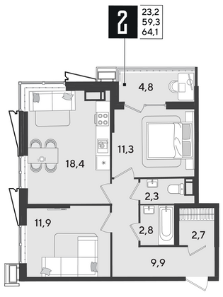 Продажа 2-комнатной квартиры 64,1 м², 18/18 этаж