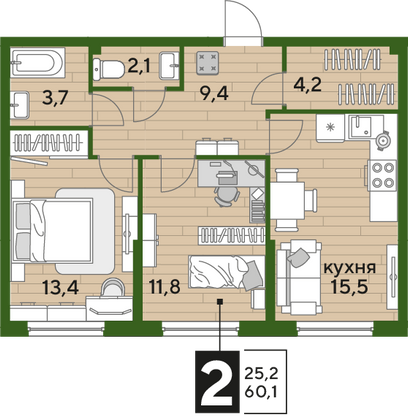 Продажа 2-комнатной квартиры 60,1 м², 2/16 этаж