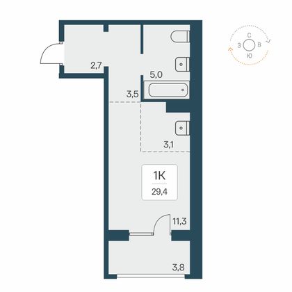 29,4 м², 1-комн. квартира, 1/17 этаж