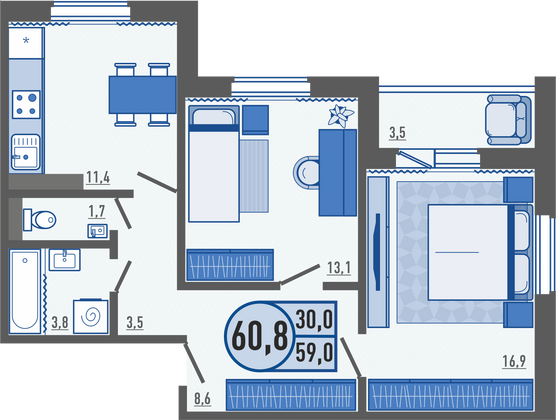 60,7 м², 2-комн. квартира, 10/16 этаж