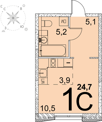 24,7 м², студия, 24 этаж