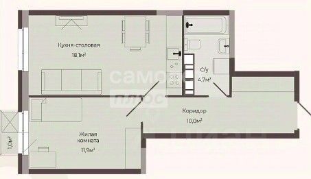 Продажа 1-комнатной квартиры 45 м², 5/8 этаж