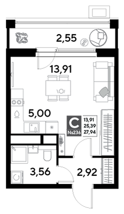 Продажа квартиры-студии 27,9 м², 20/25 этаж