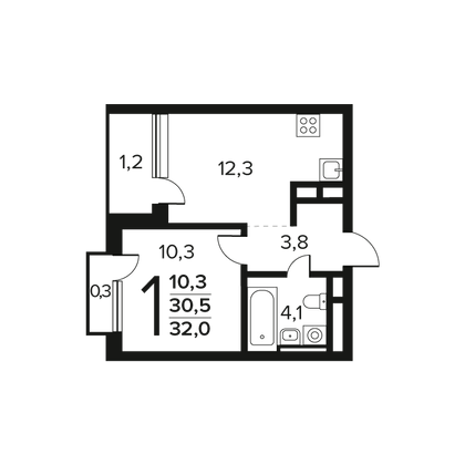 32,3 м², 1-комн. квартира, 9/12 этаж