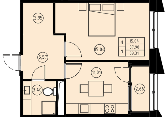 Продажа 1-комнатной квартиры 39,3 м², 9/22 этаж