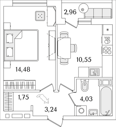 35,5 м², 1-комн. квартира, 7/17 этаж