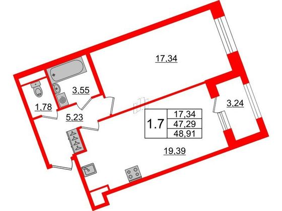 Продажа 1-комнатной квартиры 47,3 м², 3/6 этаж