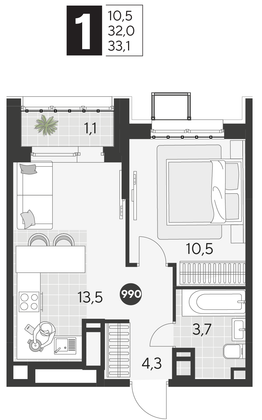 Продажа 1-комнатной квартиры 33,1 м², 15/21 этаж