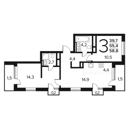 58,8 м², 3-комн. квартира, 7/7 этаж