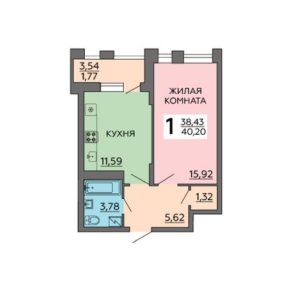Продажа 1-комнатной квартиры 40,2 м², 2/18 этаж