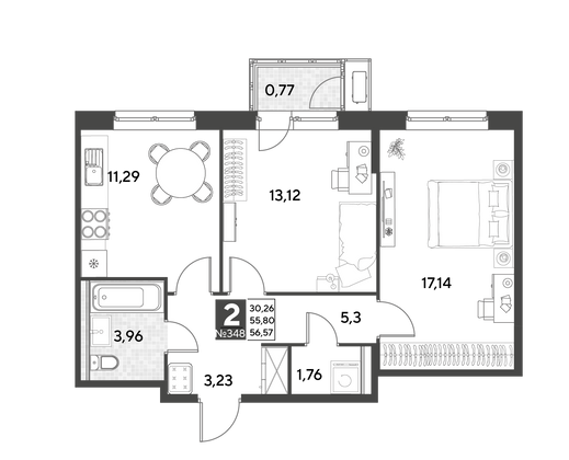 Продажа 2-комнатной квартиры 56,6 м², 21/25 этаж