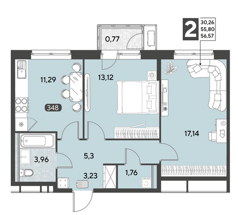 Продажа 2-комнатной квартиры 56,6 м², 21/25 этаж