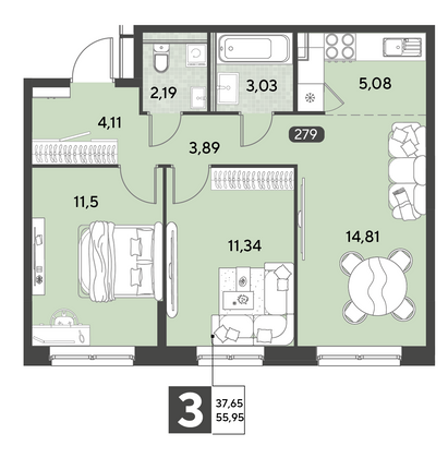 Продажа 3-комнатной квартиры 56 м², 12/25 этаж