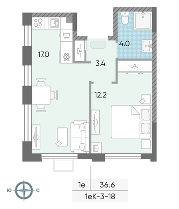 Продажа 1-комнатной квартиры 36,6 м², 18/24 этаж
