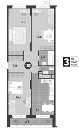 Продажа 3-комнатной квартиры 84,6 м², 13/21 этаж