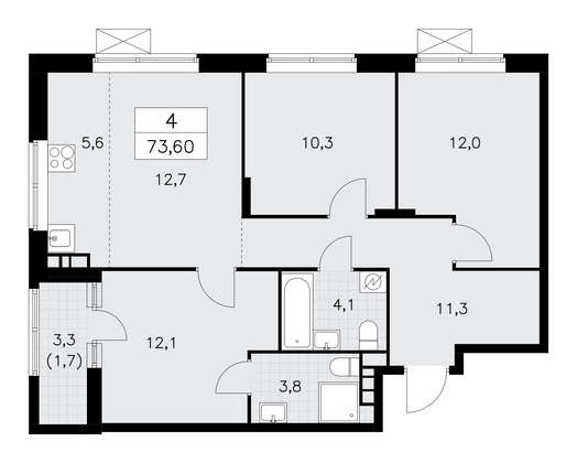 73,6 м², 4-комн. квартира, 14/18 этаж