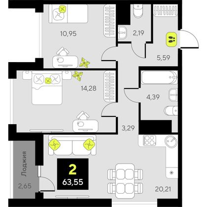 63,5 м², 2-комн. квартира, 10/17 этаж