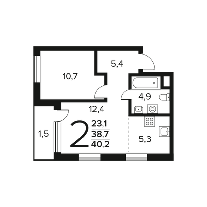 40,2 м², 2-комн. квартира, 2/9 этаж