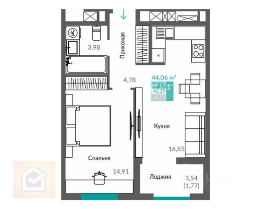 Продажа 1-комнатной квартиры 42,3 м², 3/12 этаж